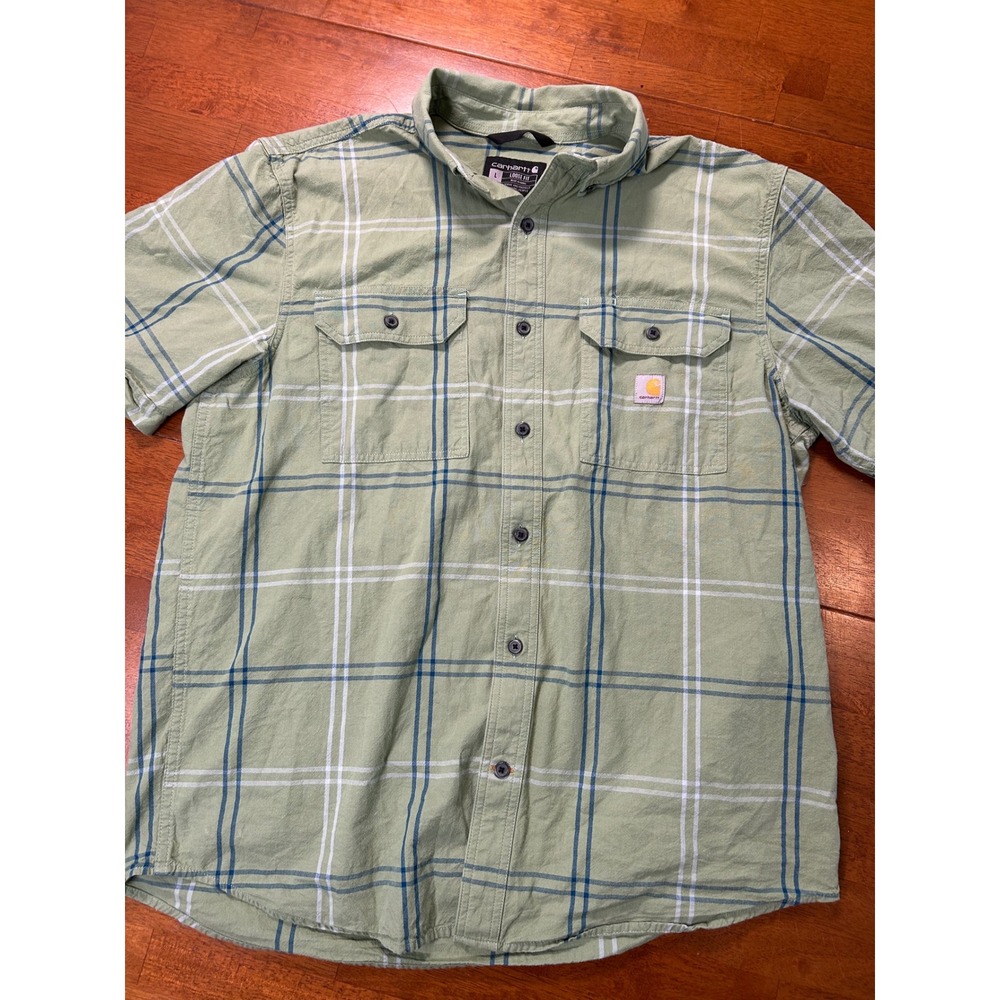 Carhartt Button Up Shirt Mens Large Green Plaid Loose Fit Short Sleeve Utility